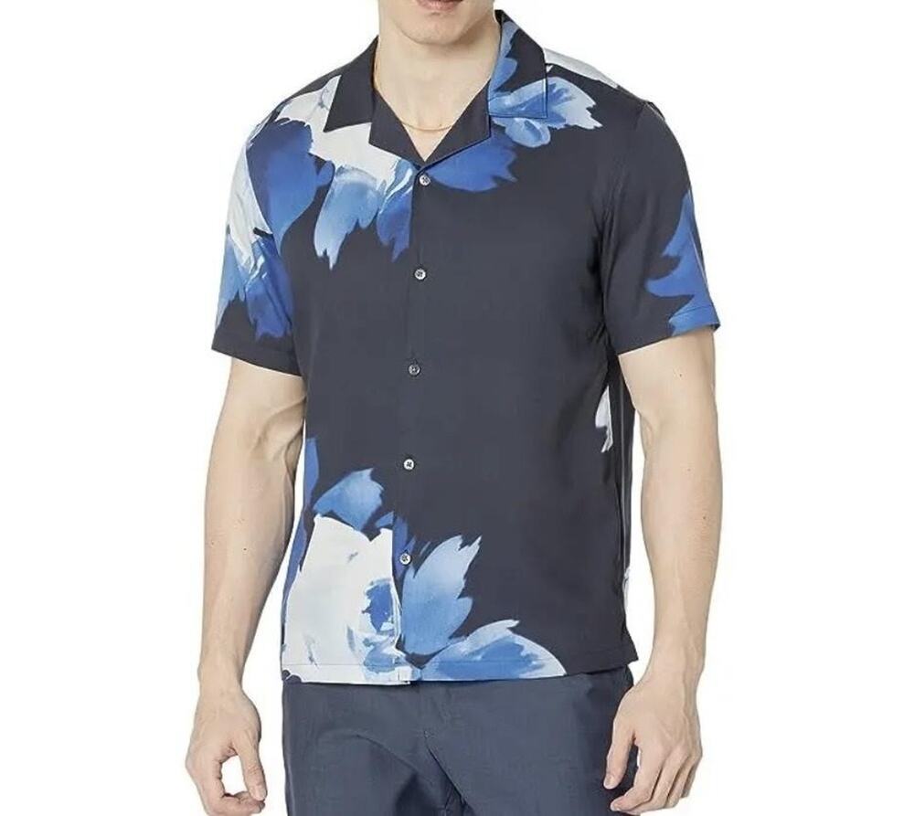 Theory Irving Shirt Mens Large Blue Floral Lyocell Button Front Short Sleeve